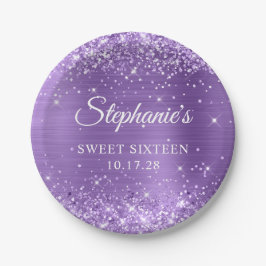 Plato De Papel Purpurina morado y Relieve metalizado dulce diecis