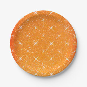Plato De Papel Purpurina naranja con estrellas y destellos brilla