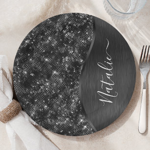 Plato De Papel Purpurina negro metálico personalizado