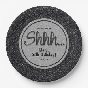 Plato De Papel Purpurina negro SORPRESA fiesta de cumpleaños