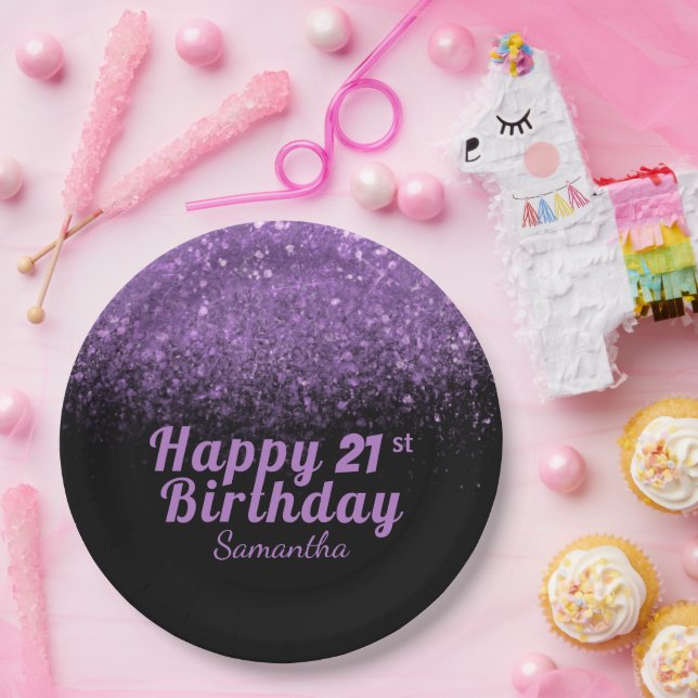 Plato De Papel Purpurina negro y morado moderno destello 21 cumpl (Fiesta)