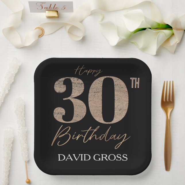Plato De Papel Purpurina negro y oro número 30 cumpleaños (Boda)