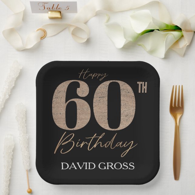 Plato De Papel Purpurina negro y oro número 60 cumpleaños (Boda)