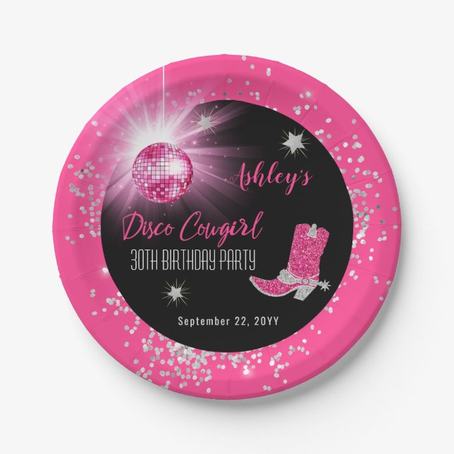 Plato De Papel Purpurina Pink Disco Cowgirl 30 cumpleaños Fiesta (Anverso)