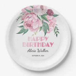 Plato De Papel Purpurina Pink Peony Floral Greeneration Cumpleaño