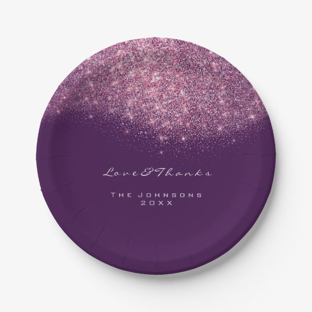 Plato De Papel Purpurina Pink Rose Purple Cumpleaños 16 Boda (Anverso)