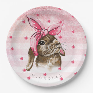 Plato De Papel Purpurina pintado a mano de conejito personalizado