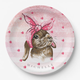 Plato De Papel Purpurina pintado a mano de conejito personalizado