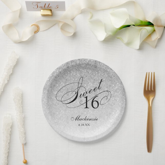Plato De Papel Purpurina Plata Dulce 16 Personalizado (Boda)