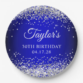 Plato De Papel Purpurina Plata Ombre Azul Negro 30 cumpleaños