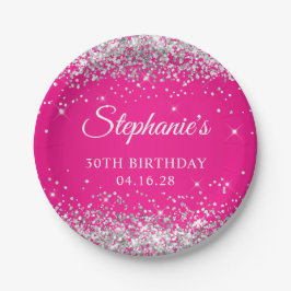 Plato De Papel Purpurina Plata Rosa Caliente 30 cumpleaños