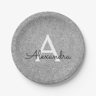 Plato De Papel Purpurina Plata y Sparkle Monograma Cumpleaños