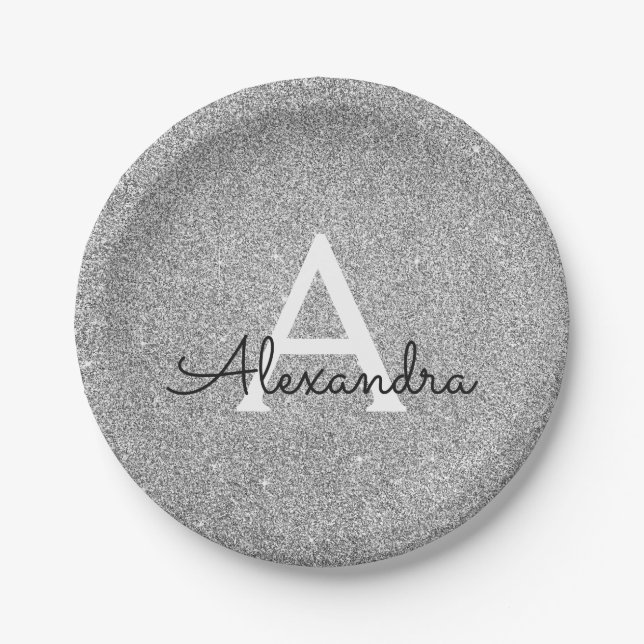 Plato De Papel Purpurina Plata y Sparkle Monograma Cumpleaños (Anverso)