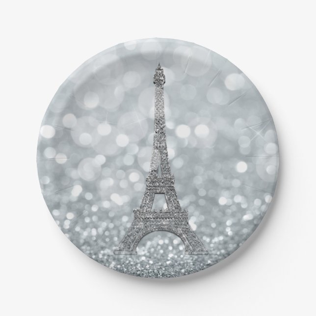 Plato De Papel Purpurina plateado Sparkle Bling Eiffel Tower Fies (Anverso)