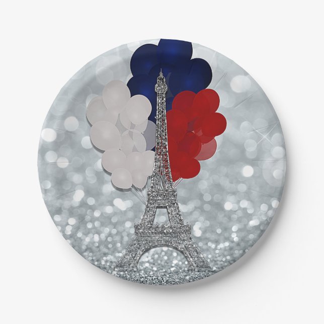 Plato De Papel Purpurina plateado Torre Eiffel Fiesta Azul Blanco (Anverso)
