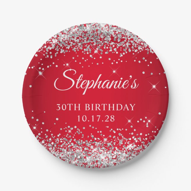 Plato De Papel Purpurina plateado y 30 años rojo (Anverso)