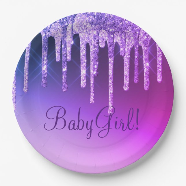 Plato De Papel Purpurina púrpura Bling Chica Nombre Esparkle Glam (Anverso)