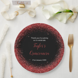 Plato De Papel Purpurina Quinceanera Bright Red Faux