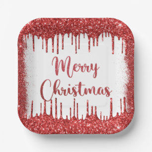 Plato De Papel Purpurina Rojo feliz navidad