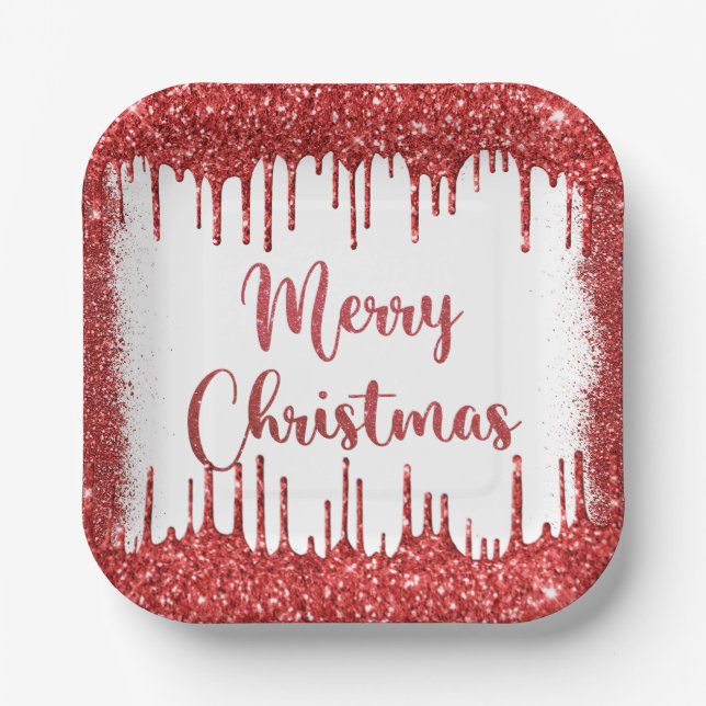 Plato De Papel Purpurina Rojo feliz navidad (Anverso)