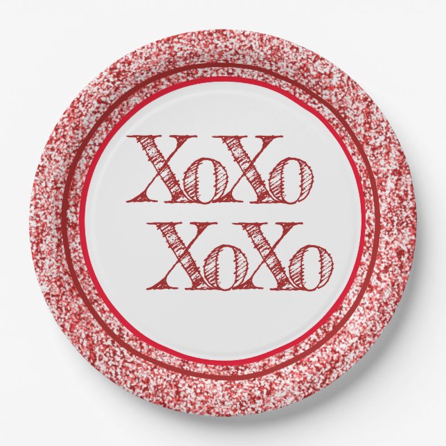 Plato De Papel Purpurina rojo XOXO (Anverso)