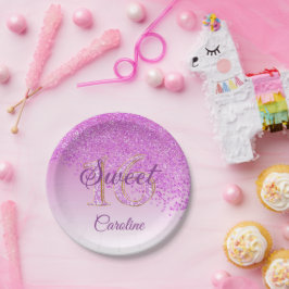 Plato De Papel Purpurina rosa, 16 Purpurina, dulce 16 cumpleaños