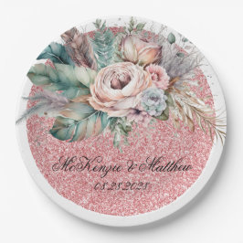 Plato De Papel Purpurina Rosa Boho Florals Feathers Boda