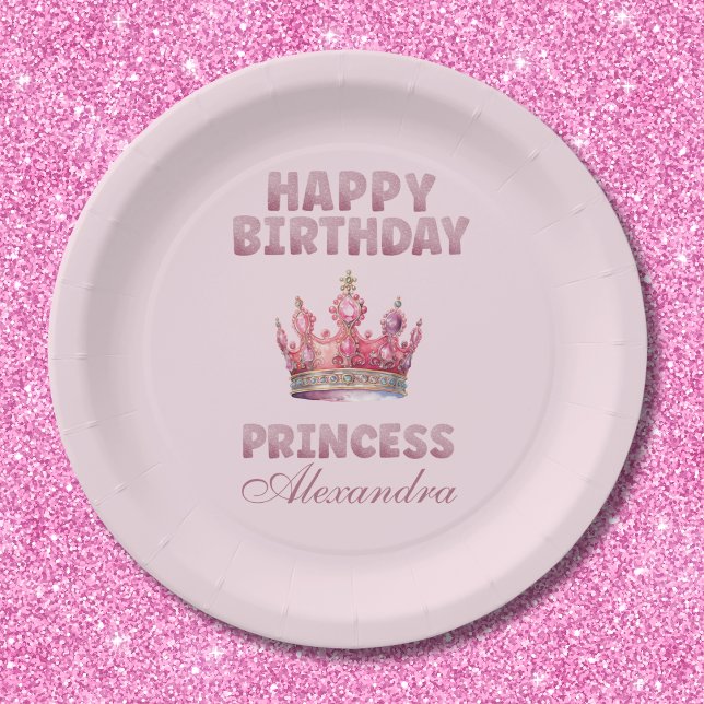 Plato De Papel Purpurina Rosa Corona Princesa Fairytale Cumpleaño (Subido por el creador)
