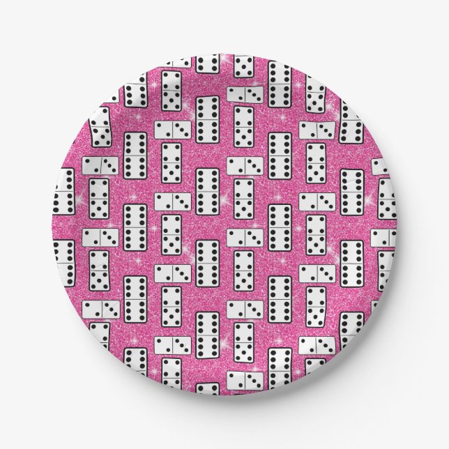 Plato De Papel Purpurina rosa del juego dominó de dominó (Anverso)
