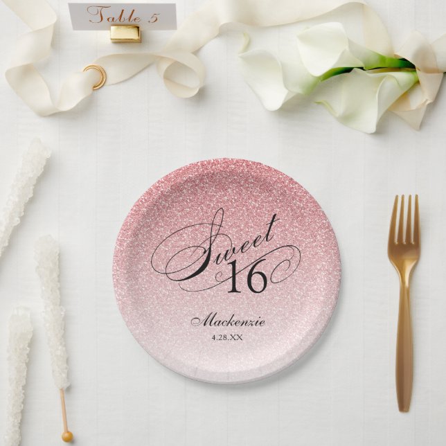 Plato De Papel Purpurina rosa dulce 16 personalizado (Boda)