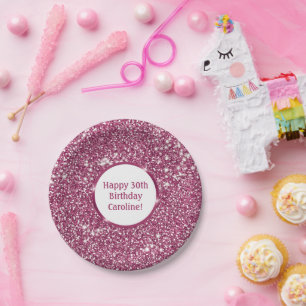 Plato De Papel Purpurina Rosa Falso Aspecto De Textura Con Texto