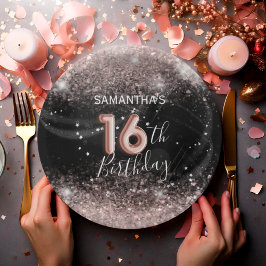 Plato De Papel Purpurina rosa moderno y negro 16 cumpleaños