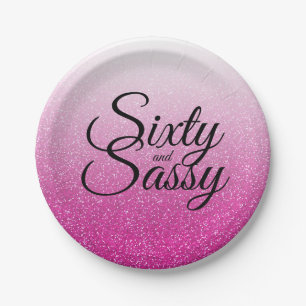 Plato De Papel Purpurina rosa Ombre 60 y cumpleaños 60 Sassy