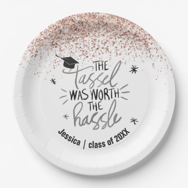 Plato De Papel Purpurina rosa Tassel Worth the Hassle Graduation (Anverso)