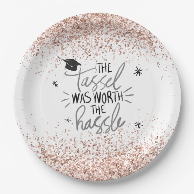Plato De Papel Purpurina rosa Tassel Worth the Hassle Graduation  (Anverso)