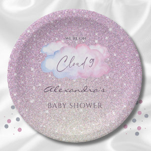 Plato De Papel Purpurina rosa Watercolor Cloud Baby Shower