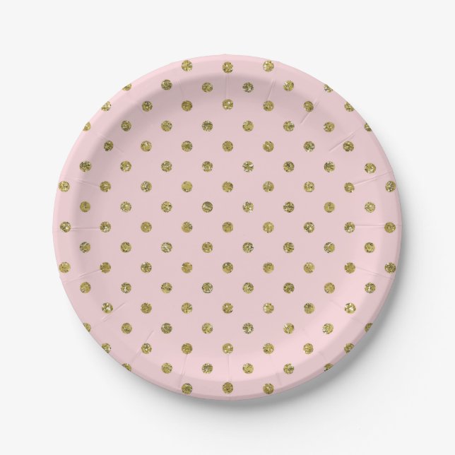 Plato De Papel Purpurina rosada y dorada Sparkle Polka Dots Moda  (Anverso)