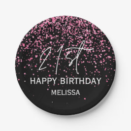 Plato De Papel Purpurina rosado caliente esparcido negro cumpleañ