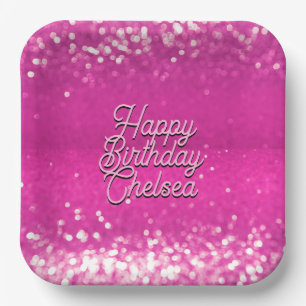 Plato De Papel Purpurina Rosado Caliente Personalizado de Bokeh T