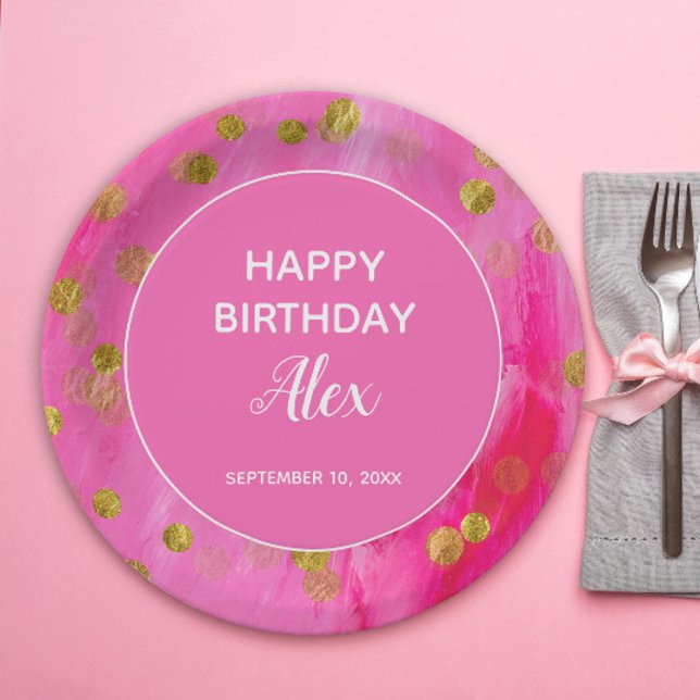 Plato De Papel Purpurina Rosado Caliente Sorpresa fiesta de cumpl (Hot pink with gold glitter birthday party paper plates)