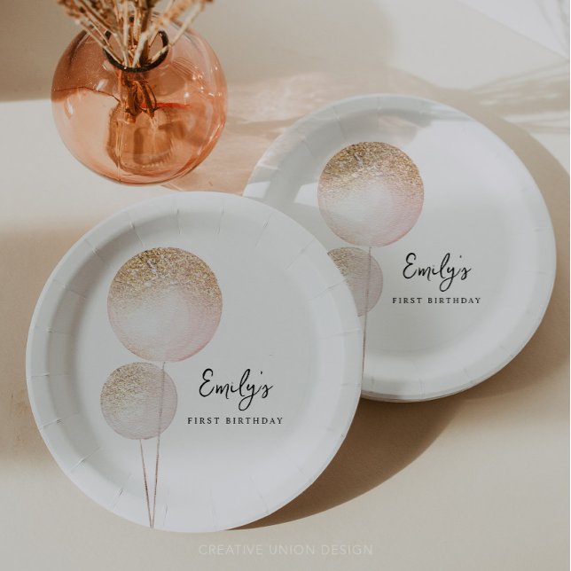 Plato De Papel Purpurina Rosado Chica de Globos Primera Fiesta de (Minimal First Birthday)