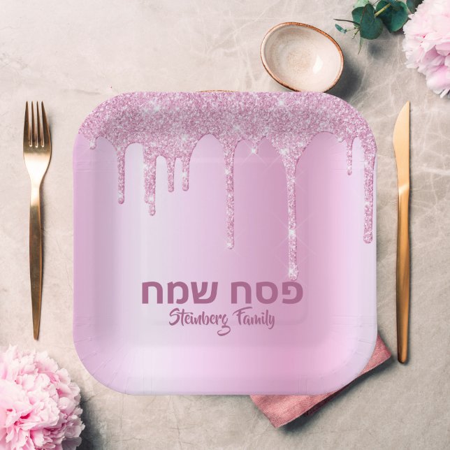 Plato De Papel Purpurina rosado Drip Pesach hebreo Sameach Passov (Subido por el creador)
