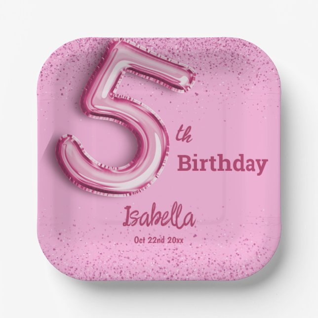 Plato De Papel Purpurina rosado lindo globo no.5 niñita 5 cumplea (Anverso)