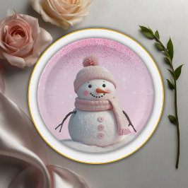Plato De Papel Purpurina rosado Winter Snowman Baby Shower