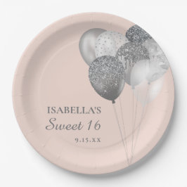 Plato De Papel Purpurina Rubor rosado de plata globos dulce 16