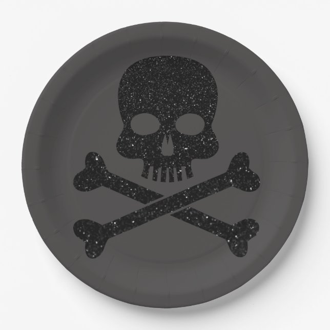 Plato De Papel Purpurina Skull'n'Crossbone Halloween (Anverso)