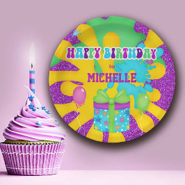 Plato De Papel Purpurina Slime Colorful Birthday Party
