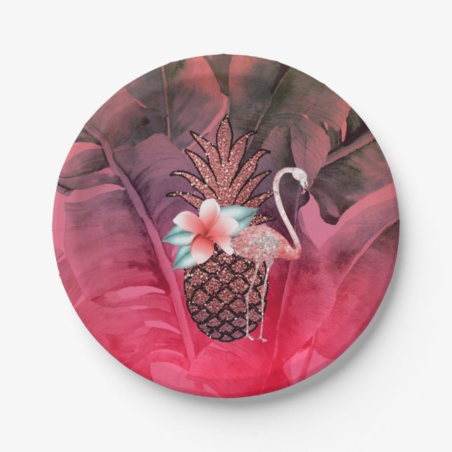Plato De Papel Purpurina tropical rosa Pineapple Luau Fiesta (Anverso)