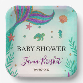 Plato De Papel Purpurina Turquoise Mermaid Baby Shower