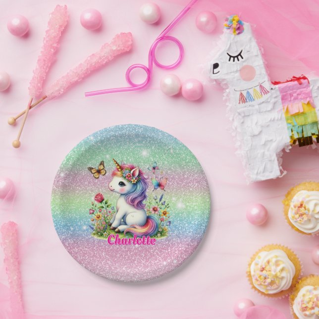 Plato De Papel Purpurina unicorn pradera (Fiesta)